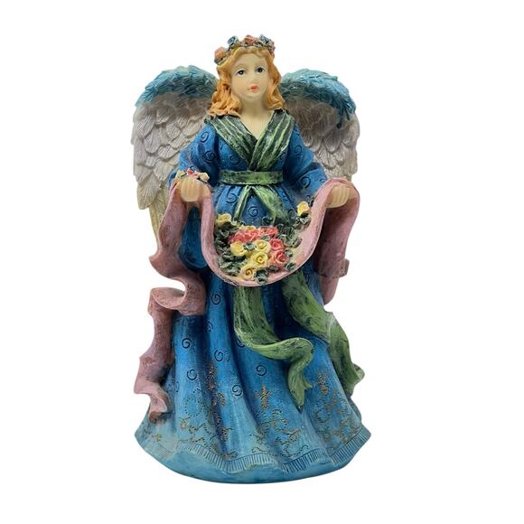Young's Resin Angel Blue Dress Holding Scarf Filled with Flowers 6" Tall - Picture 1 of 5